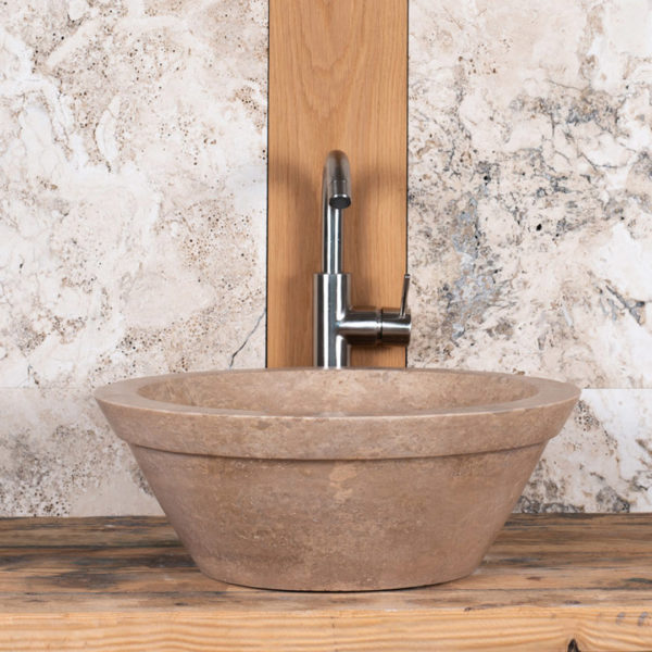 Round walnut travertine washbasin "Gaiole Scuro"