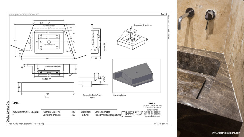 Disegni esecutivi del lavabo