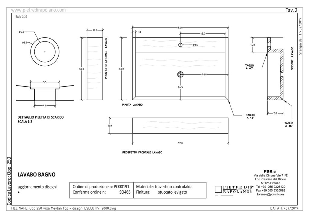 Disegni esecutivi Lavabo in travertino controfalda pdr040