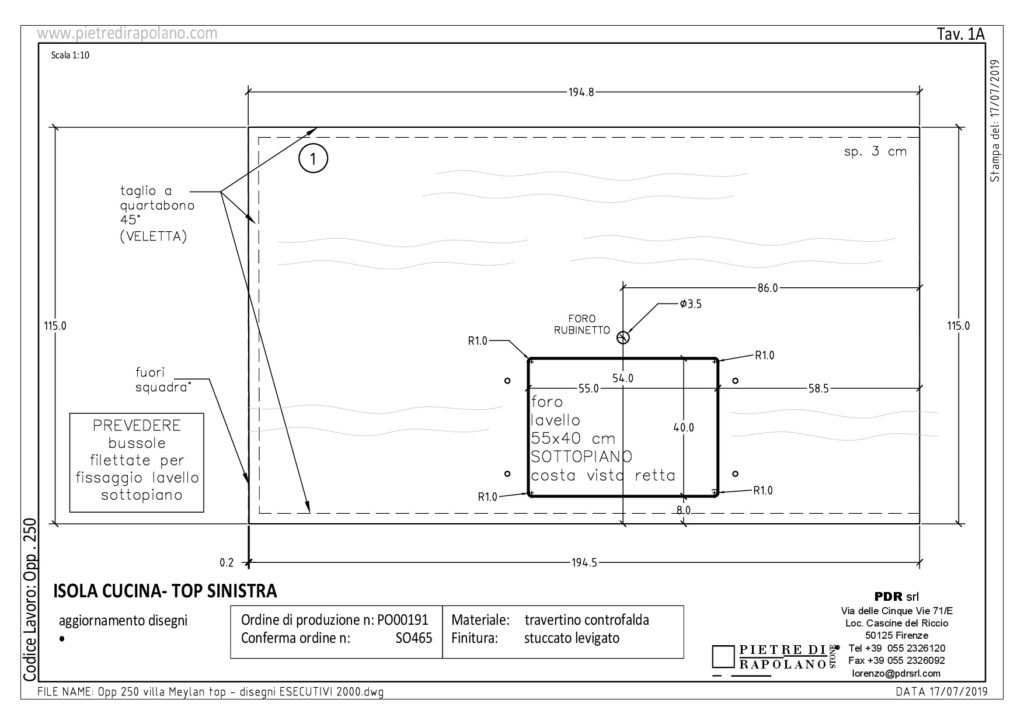 Disegni del top cucina in travertino controfalda