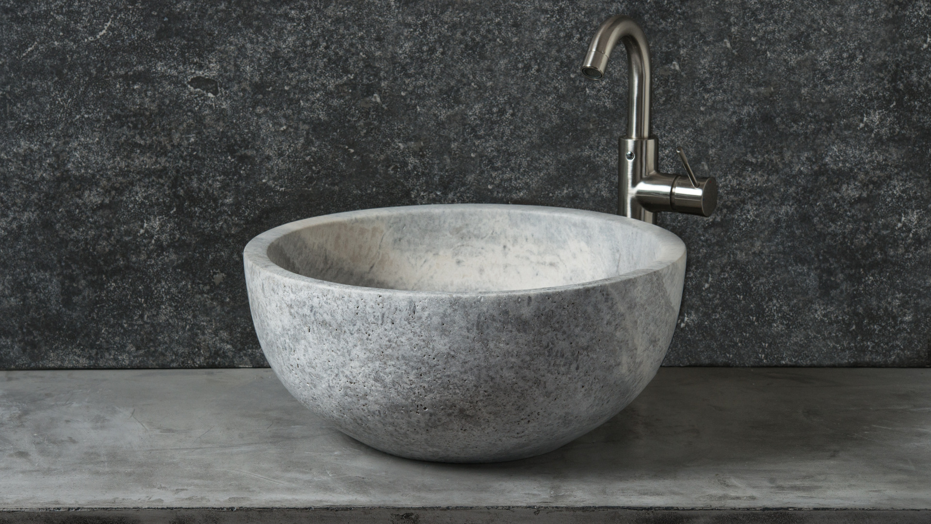 Lavabo tondo in travertino grigio &ldquo;Fiano Ice&rdquo;