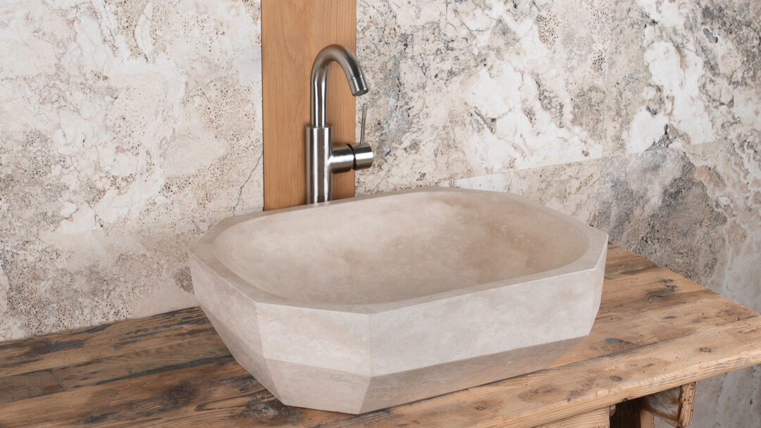 Daymo ch tr ch facettiertes Design Waschbecken aus hellem Travertin