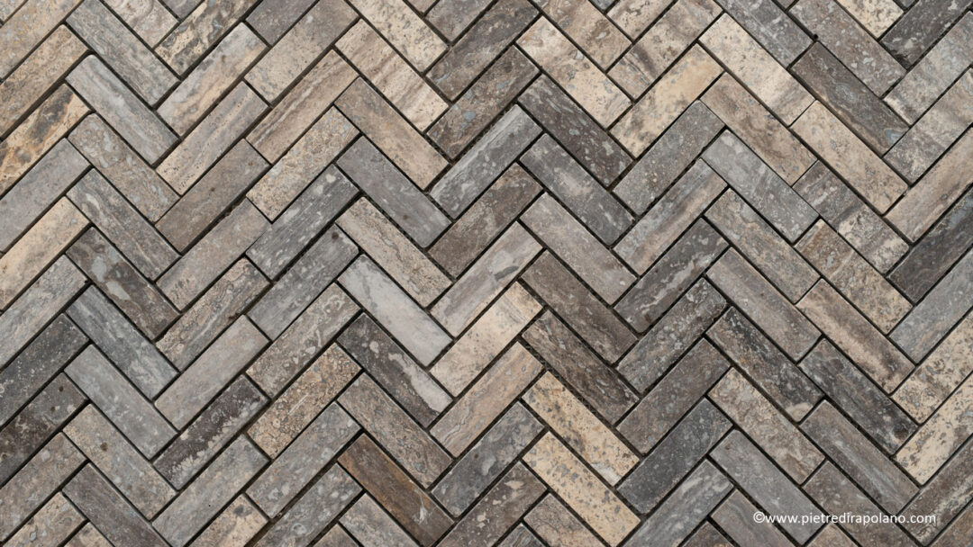Travertine mosaic zebra black "small herringbone black" polished grout