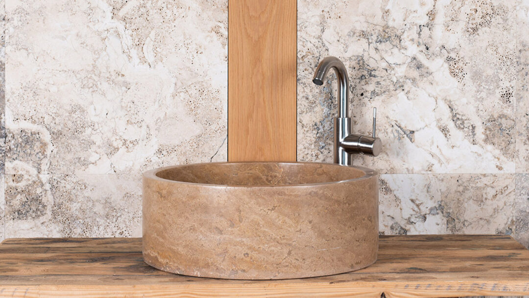 Lavabo cilindrico in travertino noce scuro Tonda Scura