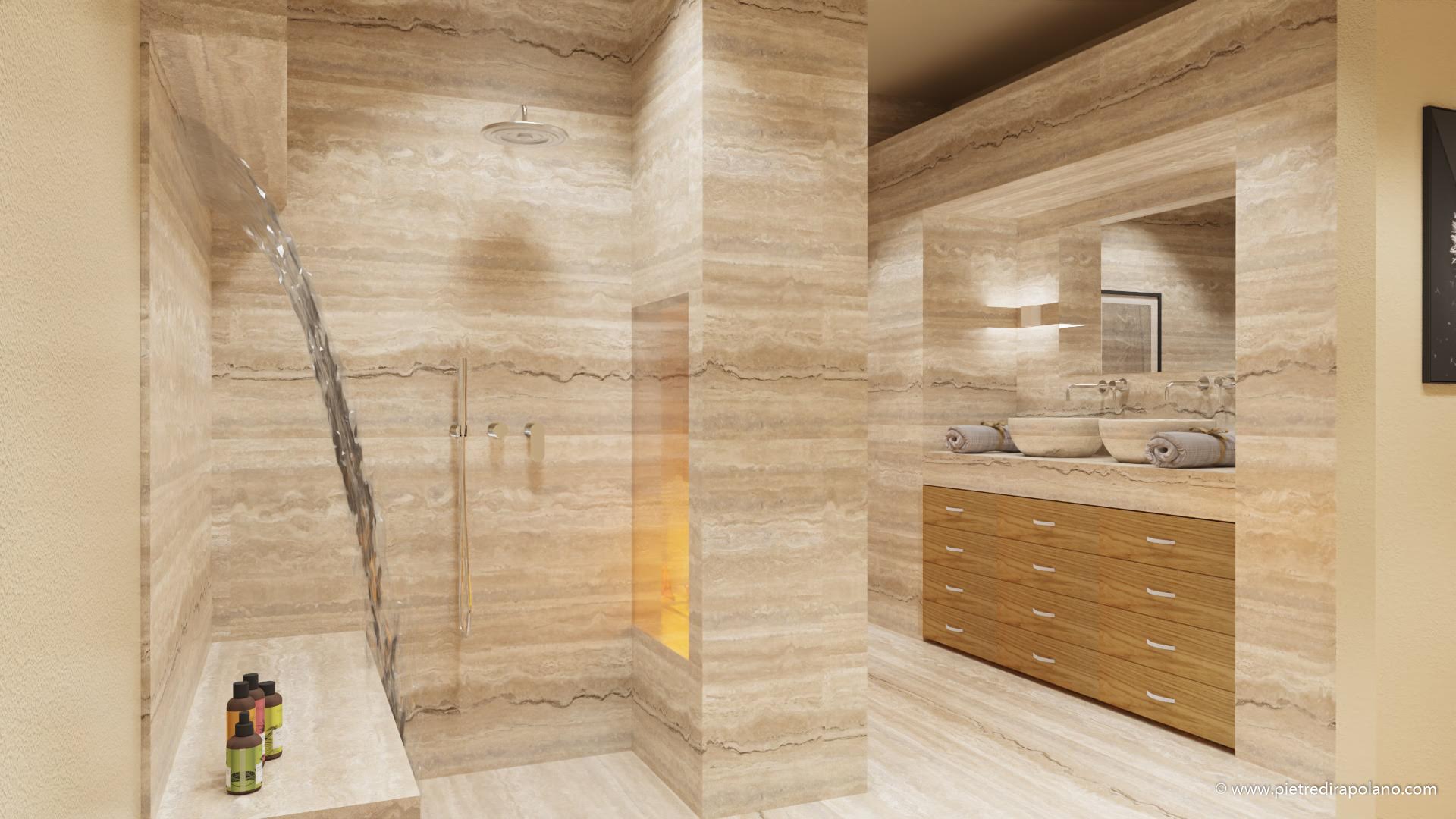 Bagno camino pdr travertino zebra terra chiara