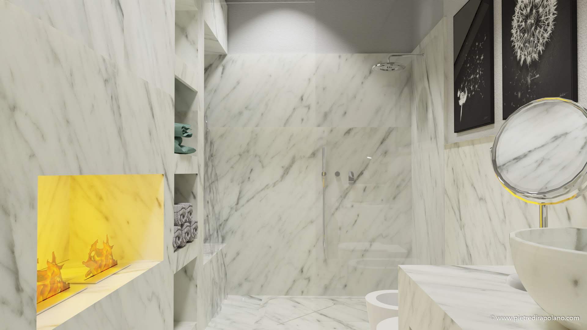 Bagno camino bianco carrara