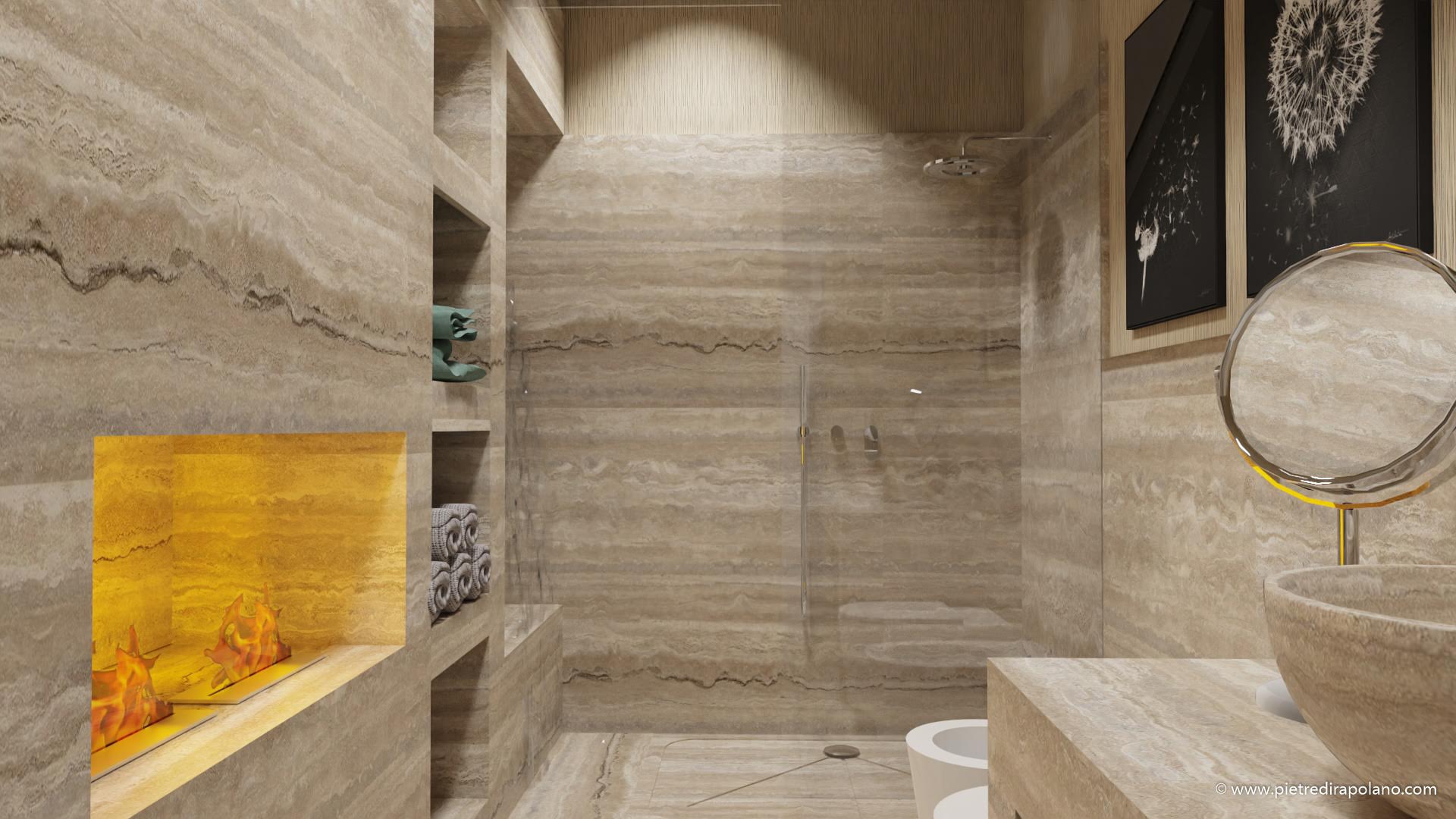Bagno camino pdr travertino zebra terra chiara
