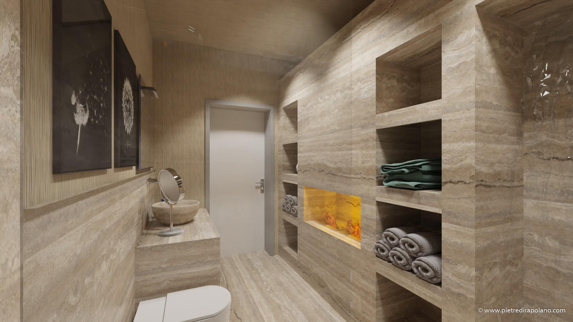 Bagno camino pdr travertino zebra terra chiara
